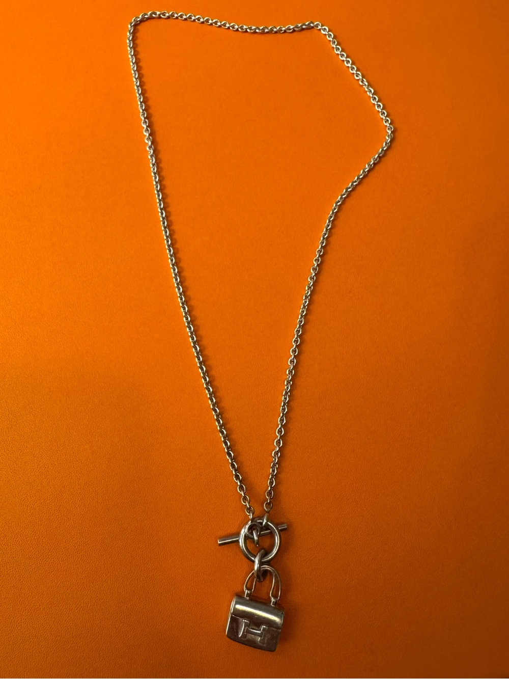 Hermes Silver Padlock Pendant Necklace on Chain